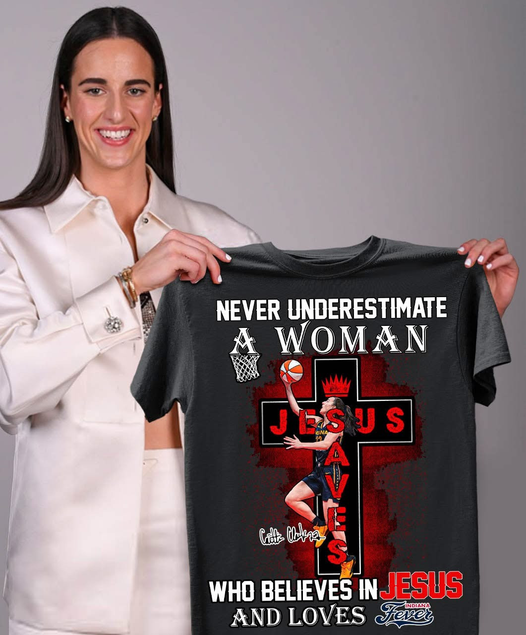 WNBA Caitlin Clark Jesus T-Shirt Never Underestimate Woman Loves Fever Fan Gift