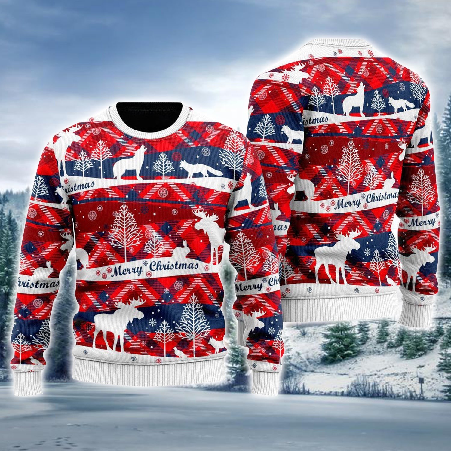 Wolf And Reindeer Merry Christmas Ugly Jumper In Forest Winter Clothes Gifts For Christmas