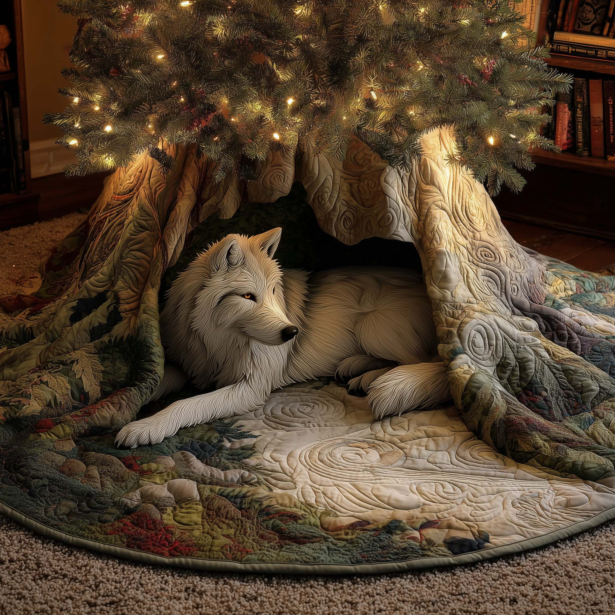 Wolf Christmas Quilted Tree Skirt Frost Xmas Tree Bottom Cover Decor Wolf Gifts For Him
