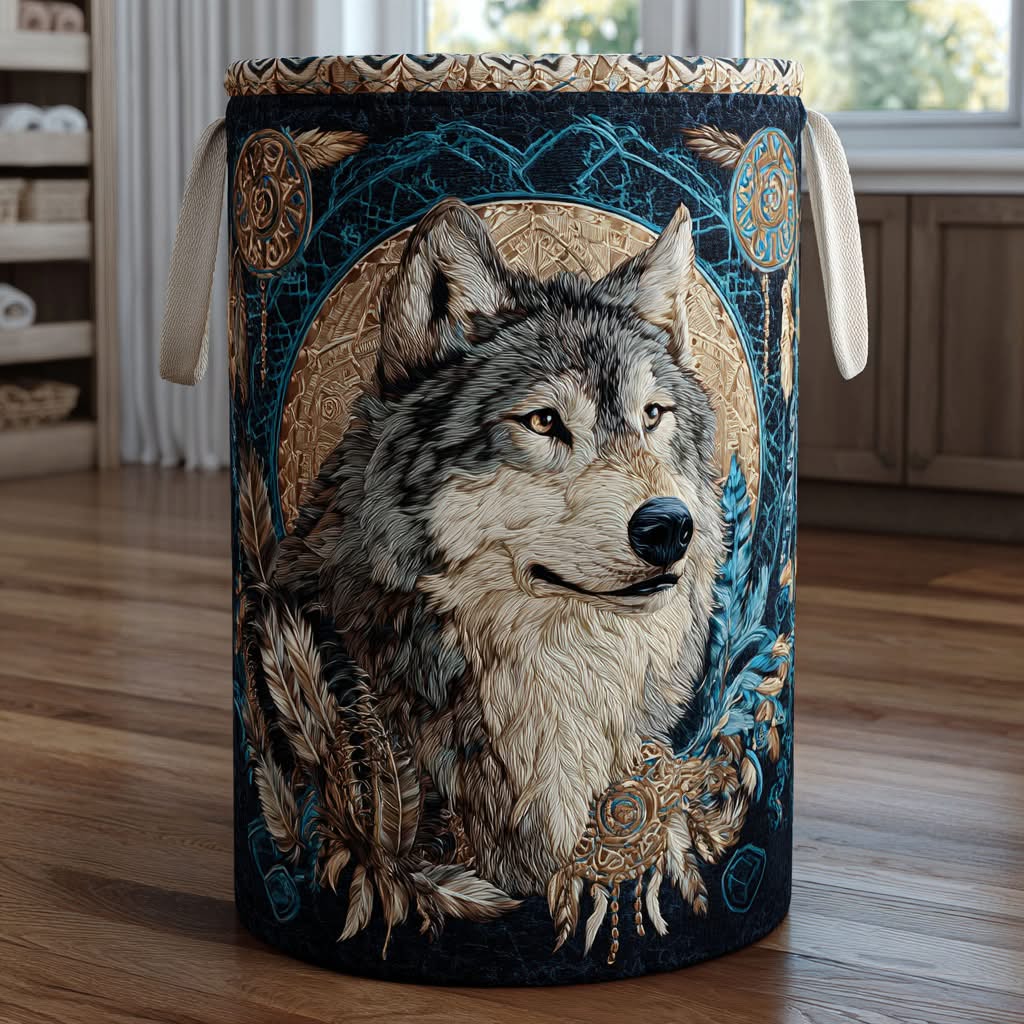 Wolf Dreamcatcher Native Art Quilted Laundry Basket Spiritual Home Decor Best Gift For Wolf Lovers