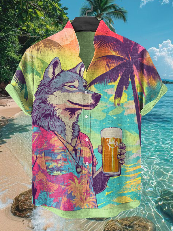 Wolf Drinking Beer On Vacation Art Hawaiian Shirt Gifts For Wolf Lovers