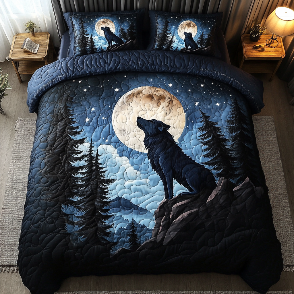 Wolf Forest Quilted Bedding Set Xmas Holiday Duvet Cover Set Wolf Gifts For Him
