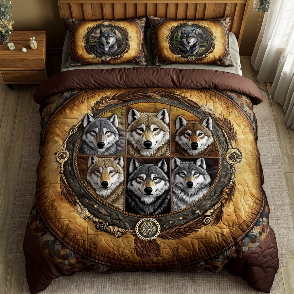 Wolf Heart Quilted Bedding Set Cute Room Decor Unique Gifts For Wolf Lovers
