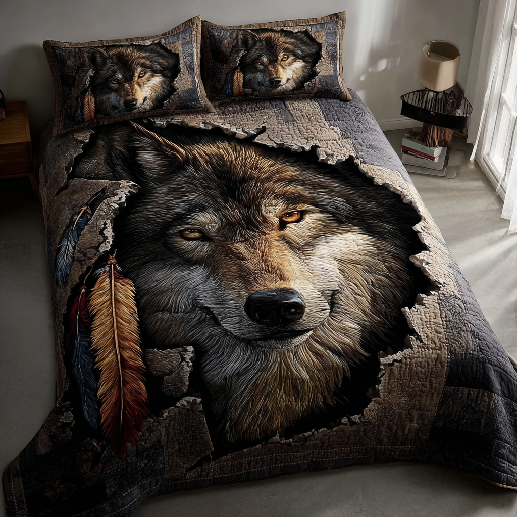 Wolf Mirage Quilted Bedding Set Christmas Bedding Duvet Cover Wolf Presents For Men