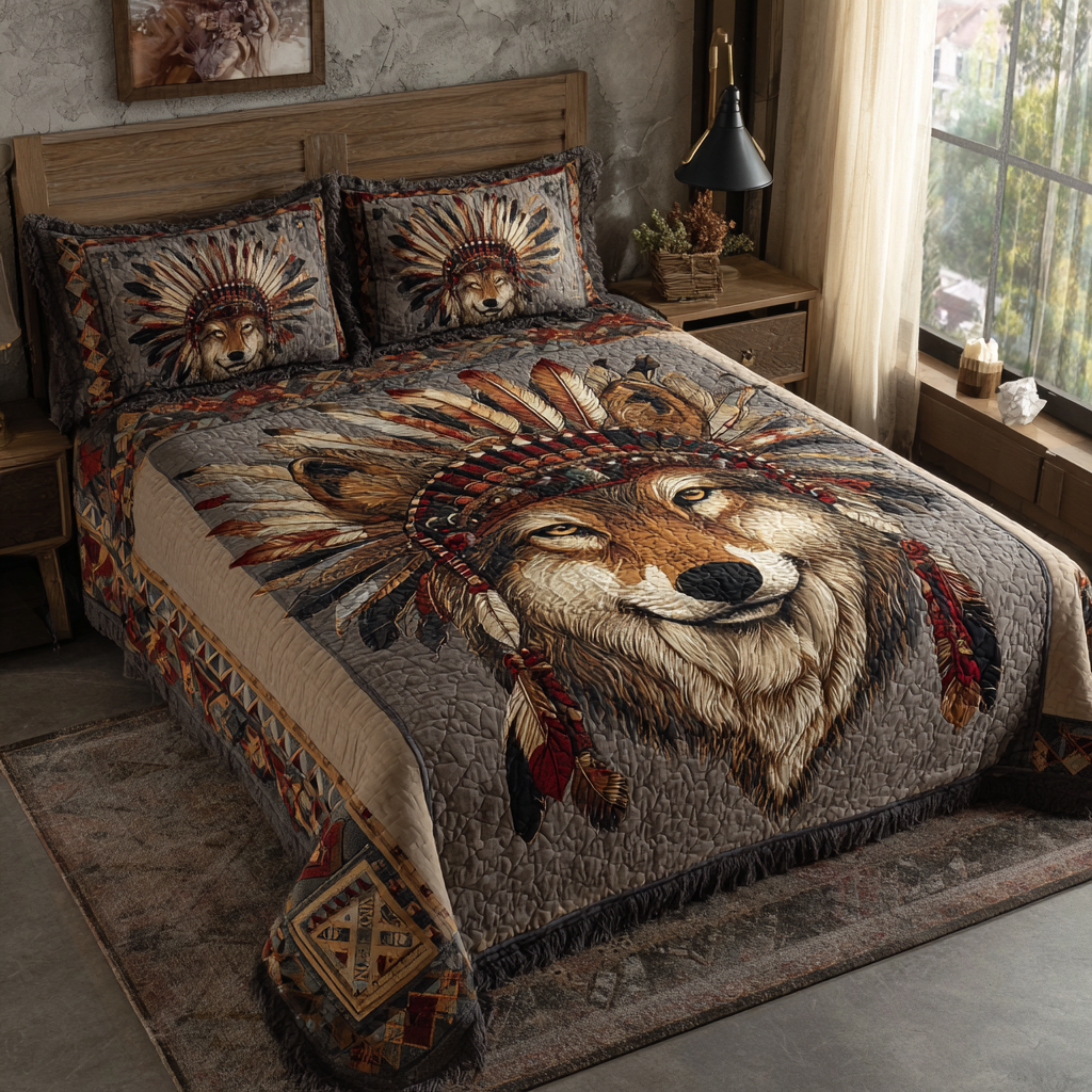 Wolf Moon Quilted Bedding Set Cozy Bedroom Decor Gifts For People Who Love Wolves