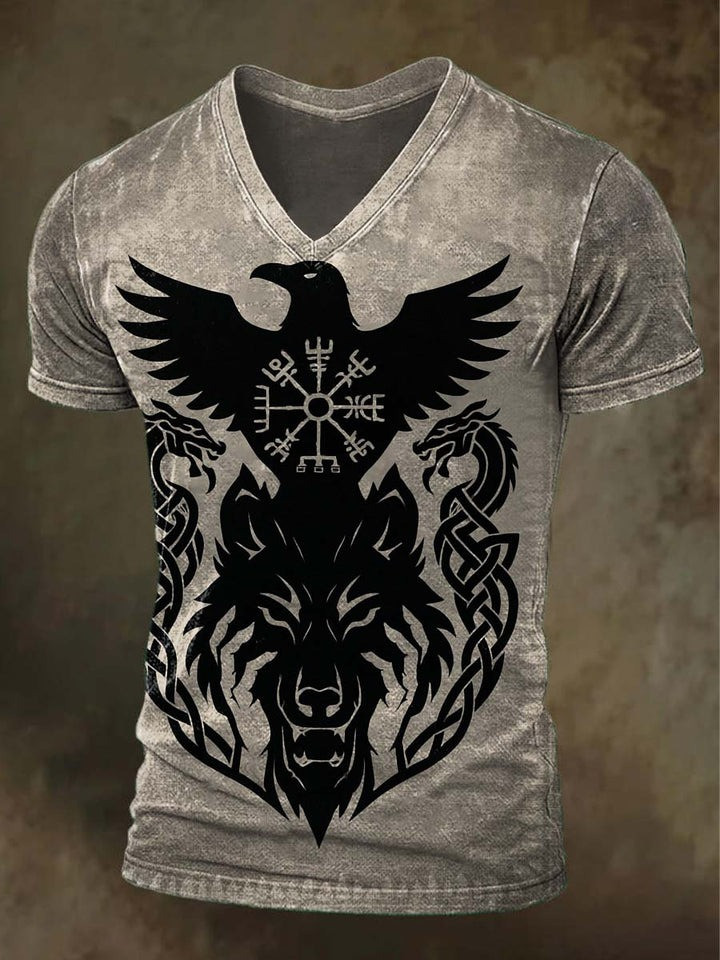 Wolf Phoenix And Dragon V-Neck T-Shirt Norse Mythology Dragon Knotwork Tee Gift Ideas