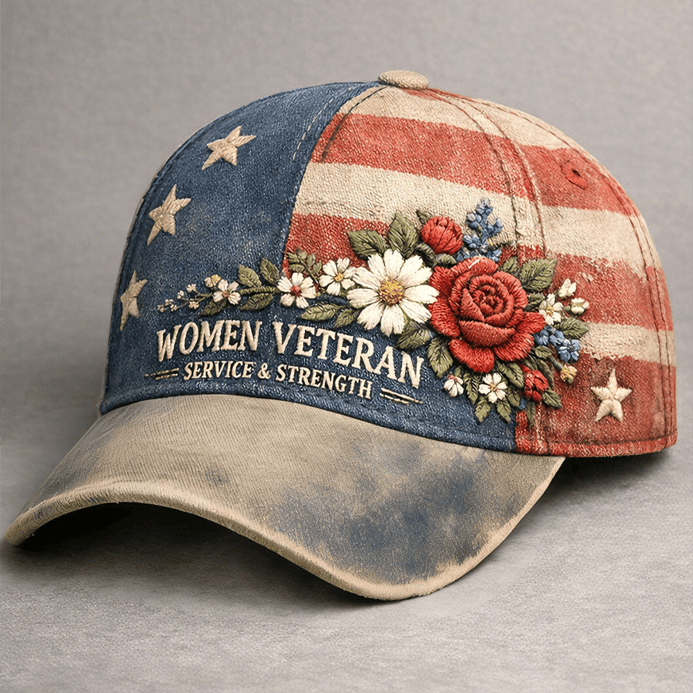 Women Veteran Service Strength Floral Hat American Flag Baseball Cap Female Veteran Gift Ideas
