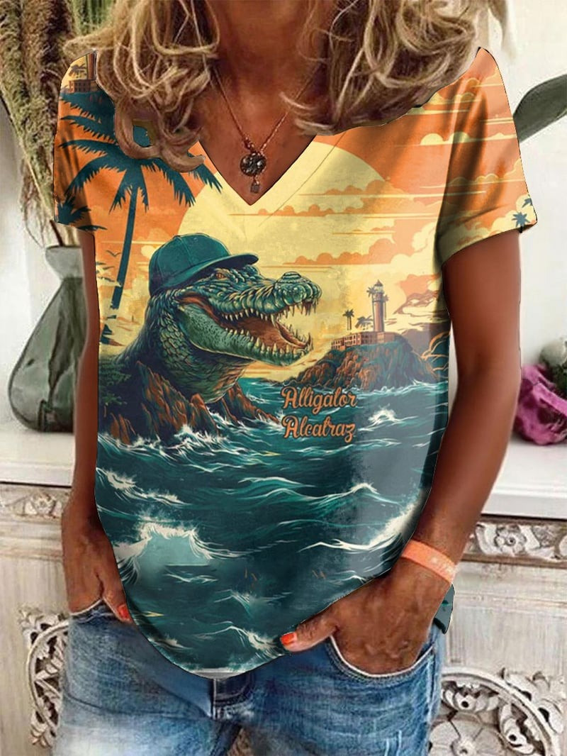 Women's Alligator Alcatraz Print V-Neck Shirt