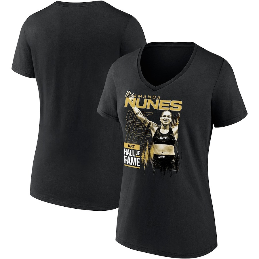 Women's Black Amanda Nunes UFC Hall of Fame V-Neck T-Shirt Best Gift For Big Fan Lovers.
