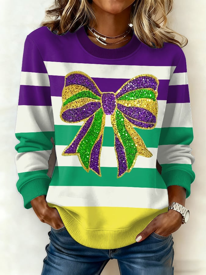 Women's Bow Mardi Gras Print Sweatshirt Mardi Gras Apparel Gift Ideas For Daughter
