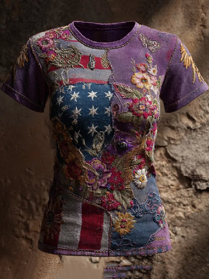 Womens Casual250th Anniversary National Flag And Floral T-Shirt Patriotic Clothing Gifts For Her