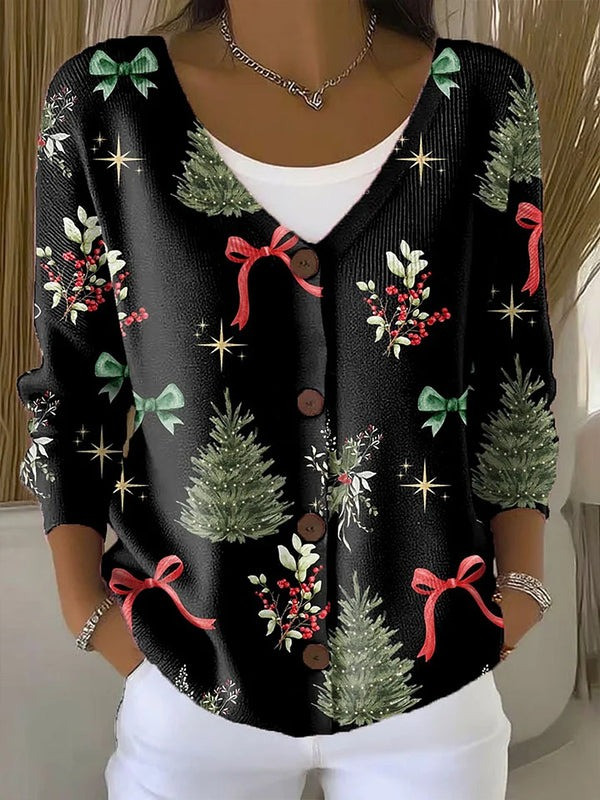 Women's Christmas Pine Tree And Bow Cardigan Cute Winter Holiday Clothes Gifts For Girlfriend