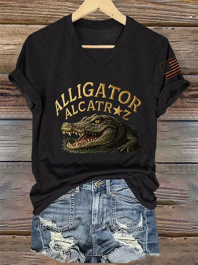 Women's Crocodile Alcatraz Print V-Neck Shirt