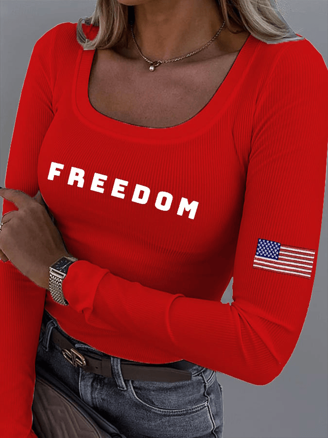 Women's Freedom American Flag Print Fabric Long Sleeve T-Shirt