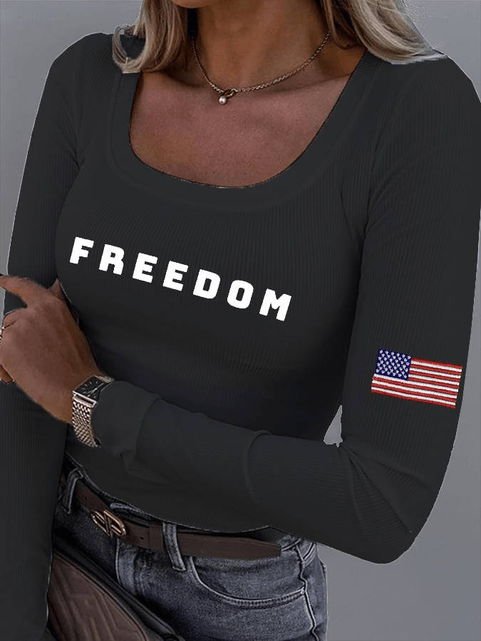 Women's Freedom American Flag Print Fabric Long Sleeve T-Shirt Charlie Kirk Memorial Gift