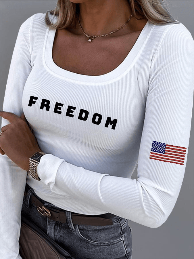 Women's Freedom American Flag Print Fabric Long Sleeve T-Shirt Charlie Kirk Memorial Gift