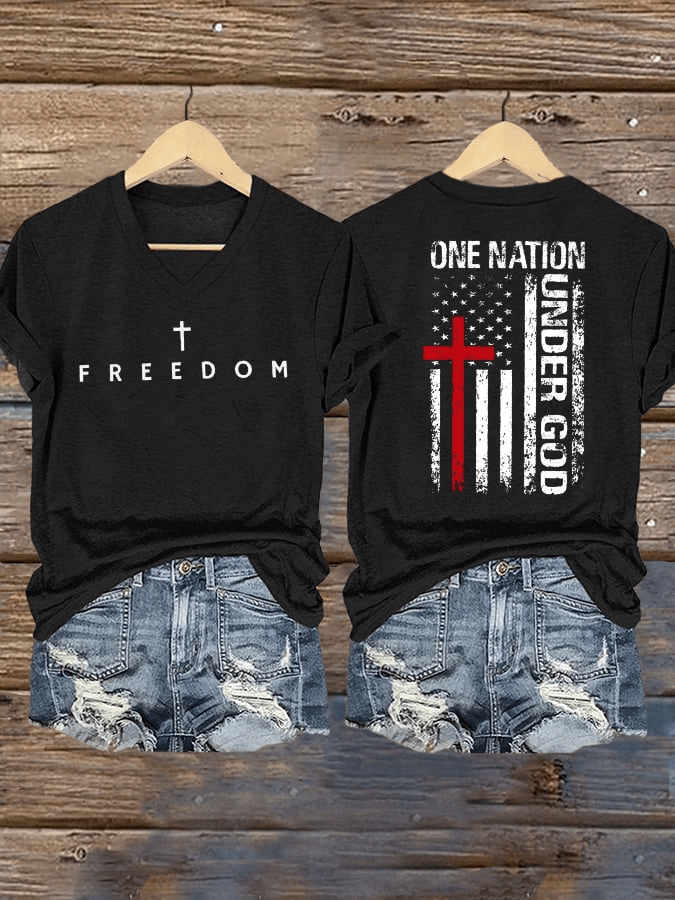 Women's FREEDOM ONE NATION UNDER GOD V-Neck T-Shirt Charlie Kirk Clothing Gift for Wife