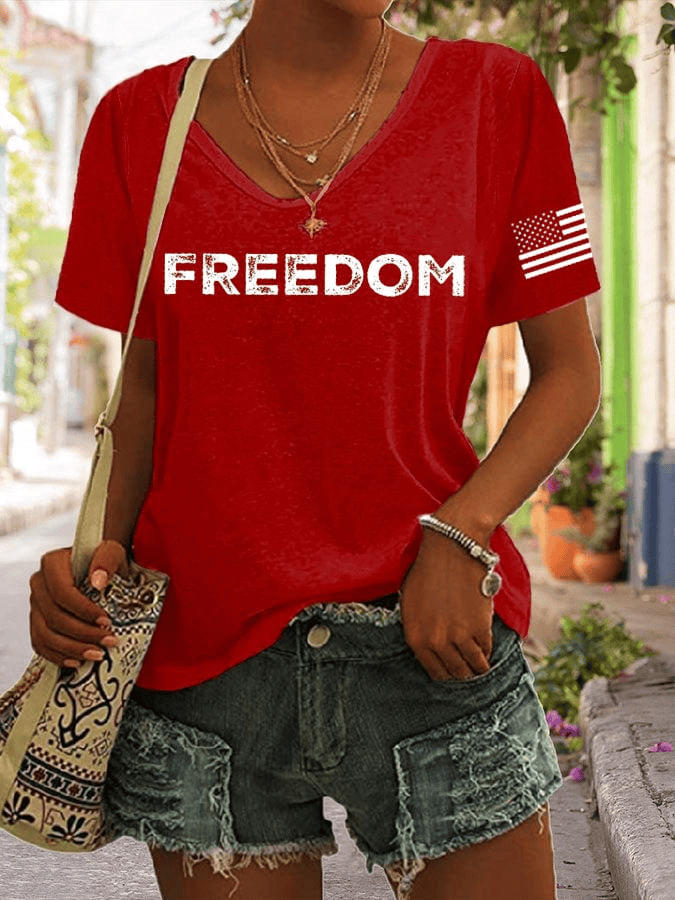 Women's Freedom Print V-Neck T-Shirt Charlie Kirk Merch