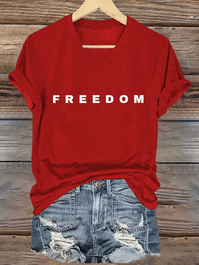 Women's Freedom Print V Neck T-shirt Charlie Kirk Red Freedom Shirt Tribute Gift