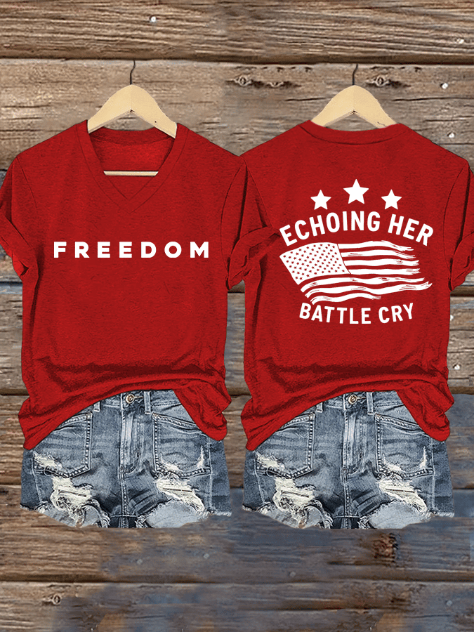 Women's Freedom Print V-Neck T-Shirt RIP Charlie Kirk Sympathy Gift