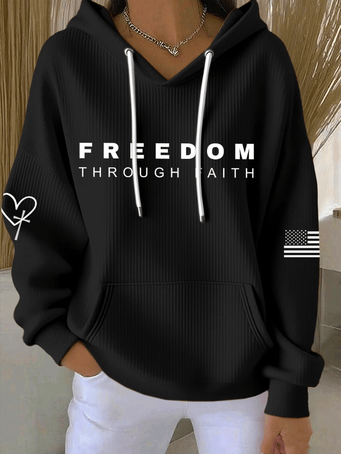 Women's Freedom Through Faith Print Casual Hoodie Charlie Kirk Memorial Gift