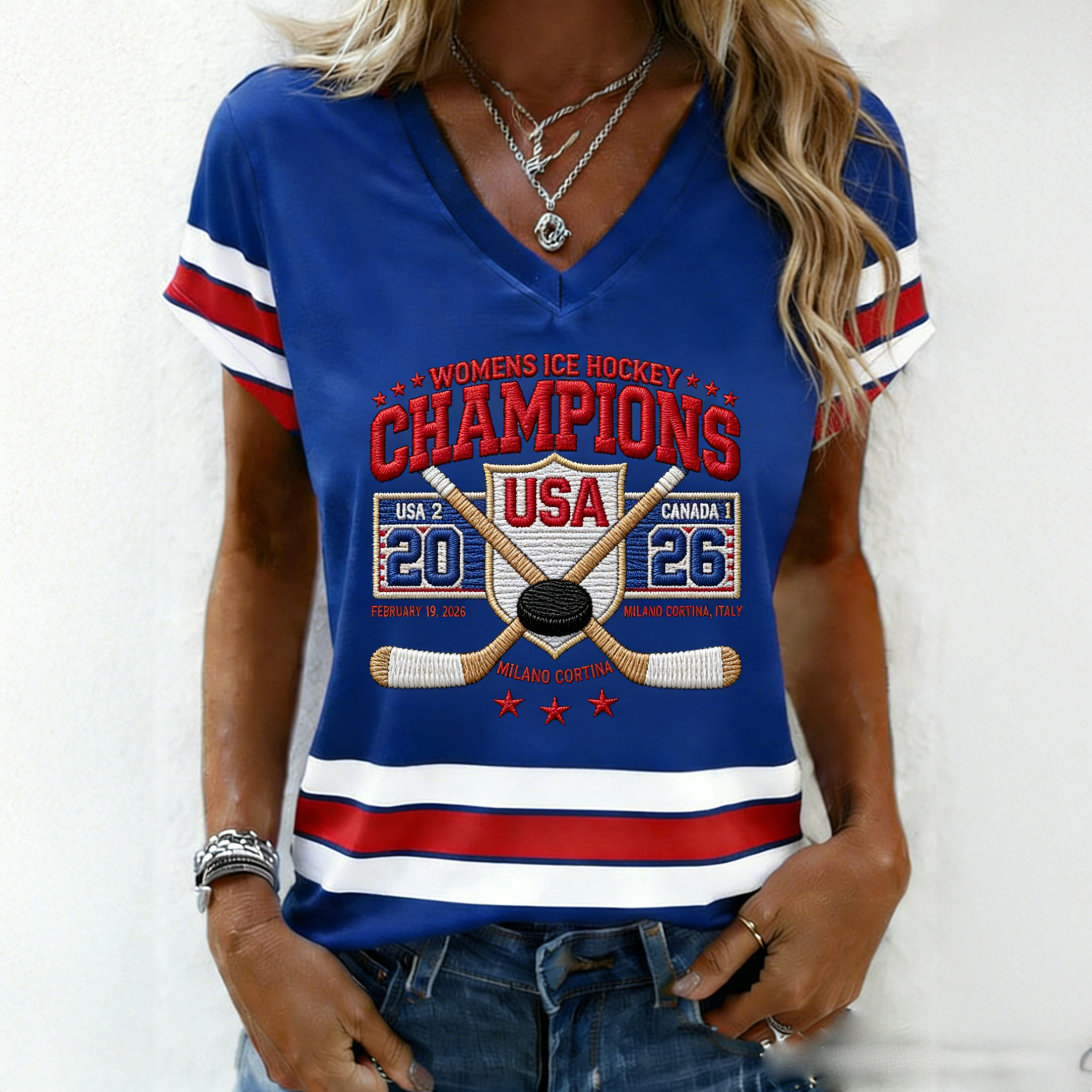 Women's Ice Hockey Champions 2026 V-Neck Shirt USA Hockey Gold Medal Shirt Best Fan Gift