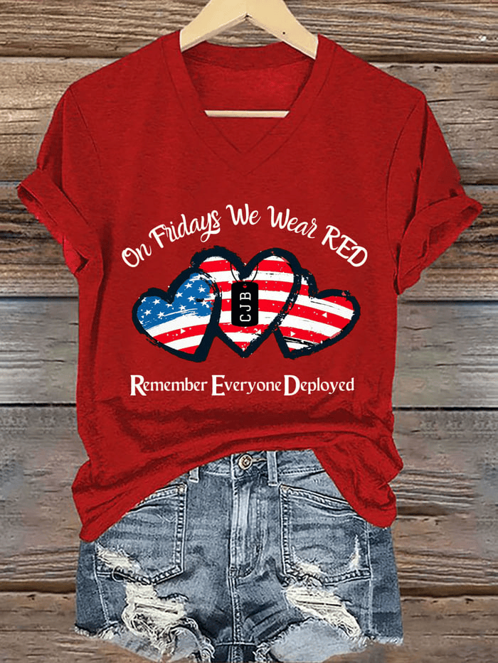 Women's On Fridays We Wear RED Print V Neck T-shirt Red Friday Awareness Shirt Veteran Day Gift for Wife