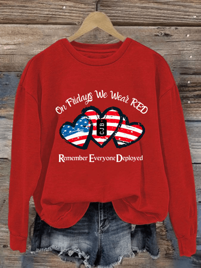 Women's On Fridays We Wear RED Printed Sweatshirt Red Friday Military Appreciation Crewneck Patriotic Gift for Her