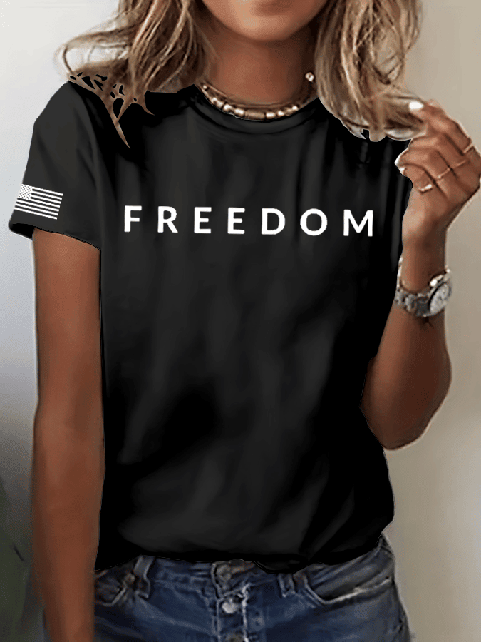 Women's Red Freedom Print Crew Neck T-Shirt