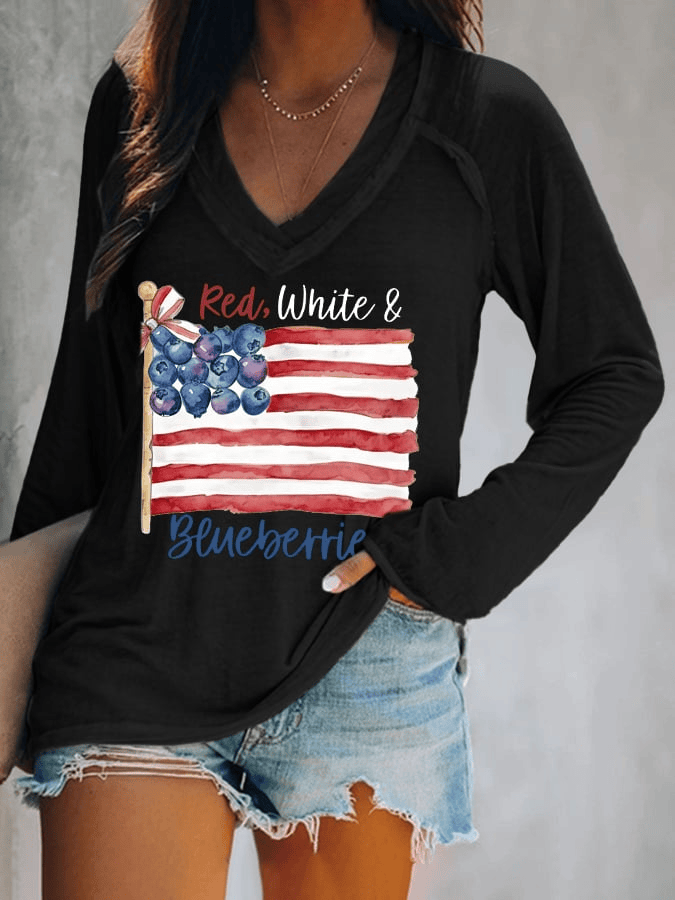 Women's Red White And Blueberries Print V Neck T-Shirt