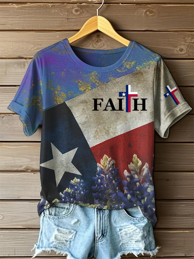 Women's Texas Faith Print T-Shirt Gift For Texans and Americans