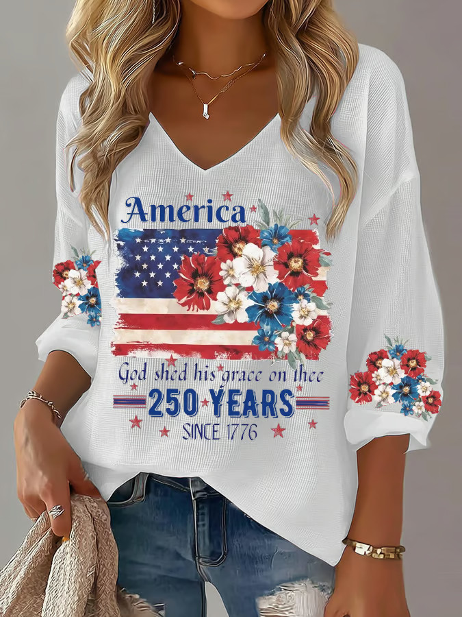 Women's USA 250th Anniversary National Flag Floral V-Neck Long Sleeve T-Shirt 1776 2026 Merch