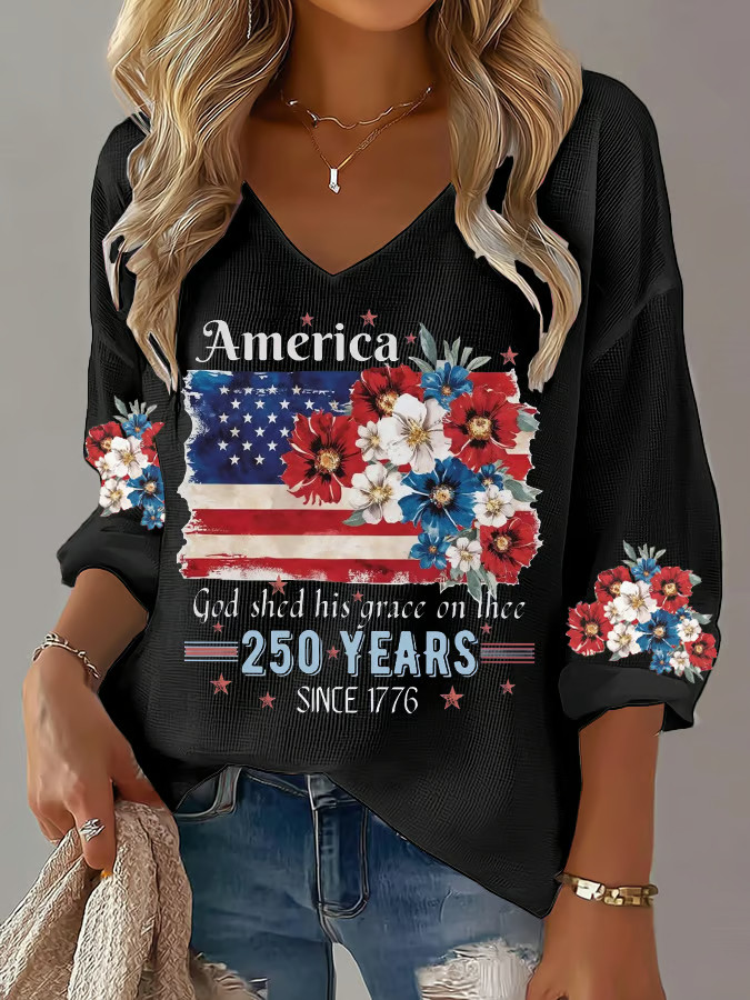 Women's USA 250th Anniversary National Flag Floral V-Neck Long Sleeve T-Shirt 1776 2026 Merch