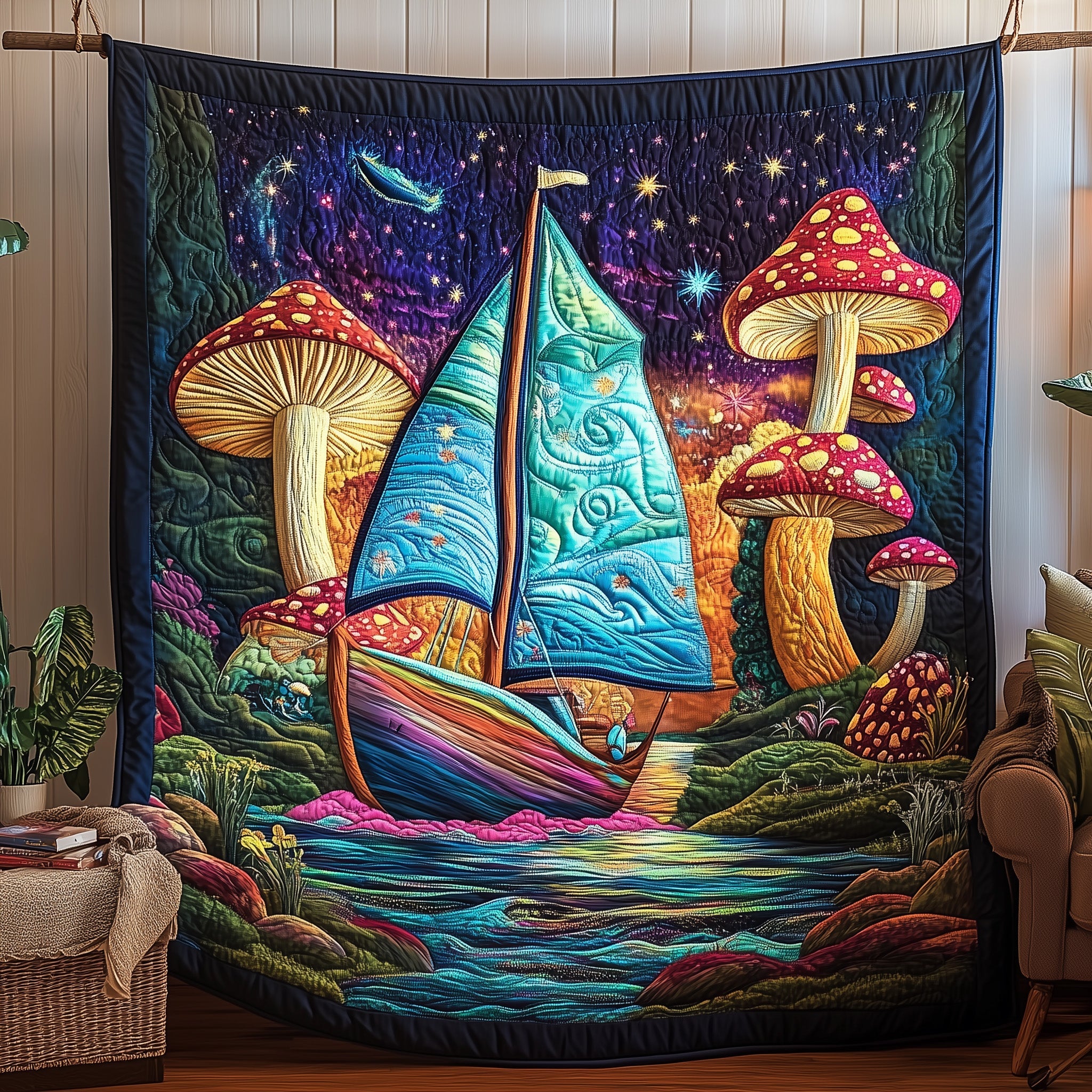 Wonderful Mushroom Trip Quilted Blanket Best Couch Throw BlanketCute Mushroom Gift Ideas