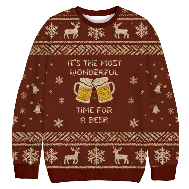 Wonderful Time For a Beer Christmas Ugly Sweatshirt Holiday Joke Gift Idea