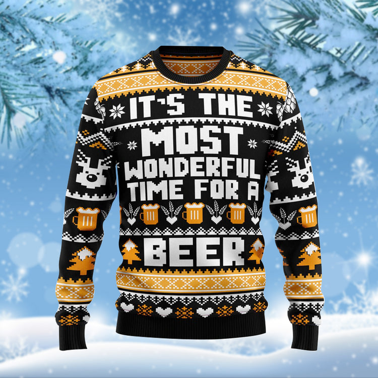 Wonderful Time For A Beer Ugly Christmas Sweater Mens Funny Xmas Jumpers Beer Lovers Gifts