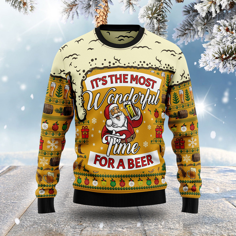 Wonderful Time For A Beer Ugly Christmas Sweater Winter Clothing Xmas Gifts For Beer Drinkers