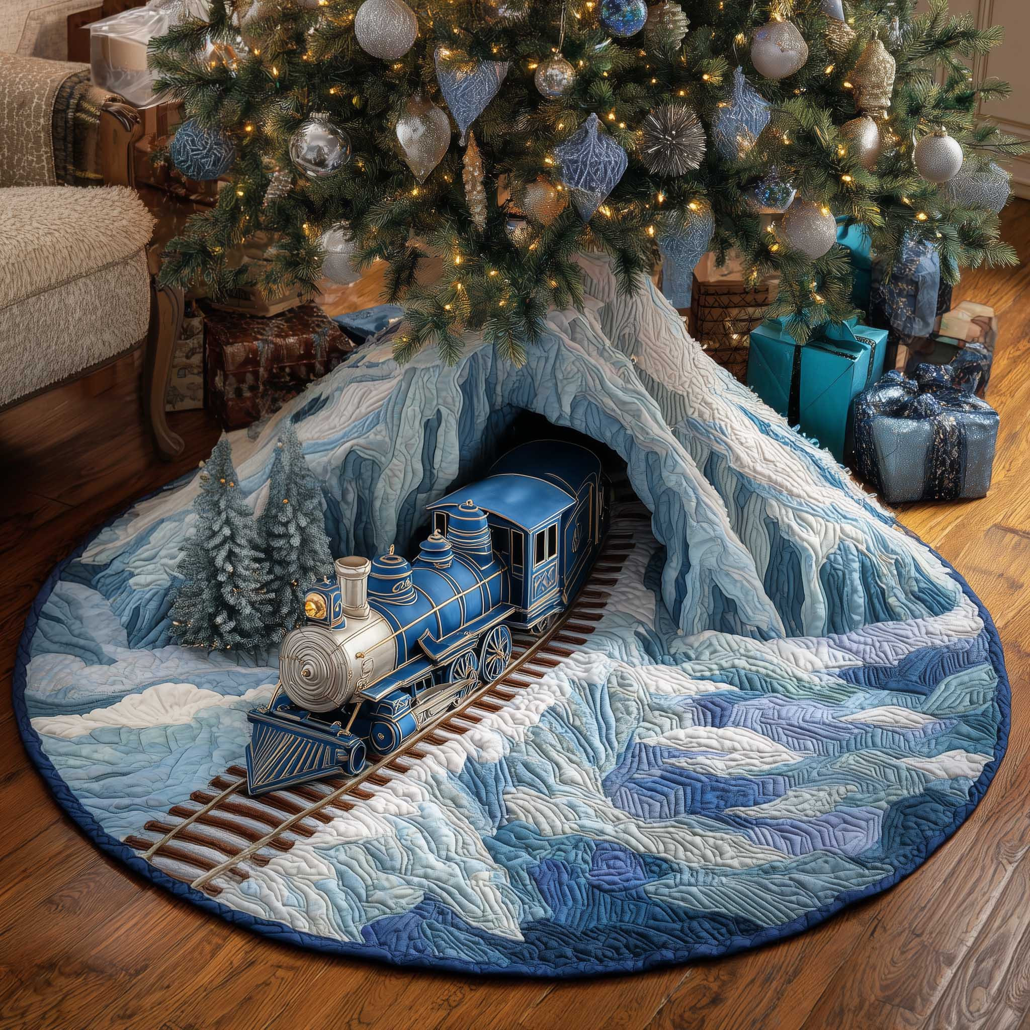 Wonderland Train Christmas Quilted Tree Skirt Home Decorations Xmas Gifts For Train Lovers