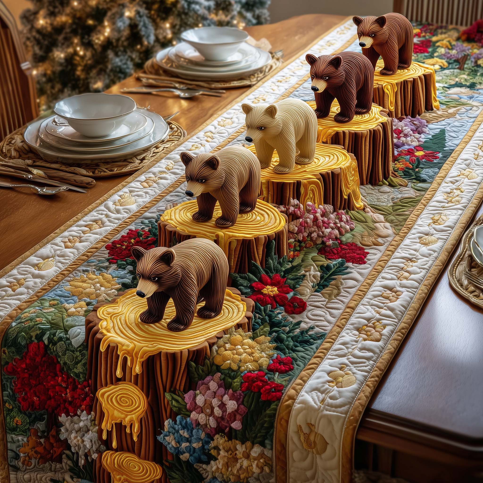 Wood Bears Quilted Table Runner Farmhouse Dining Room Decor Gift For Home