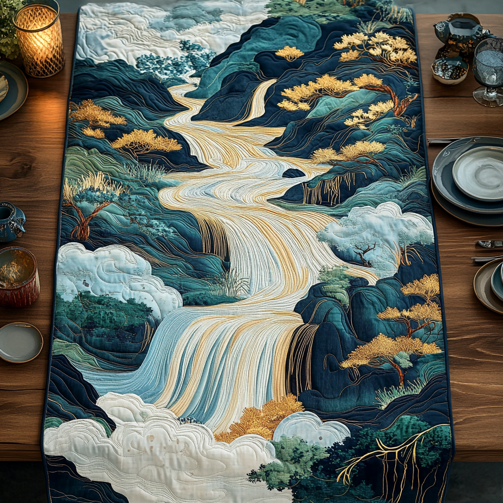 Woodblock Japanese Style Waterfall Quilted Table Runner Kitchen Table Decor Family Presents