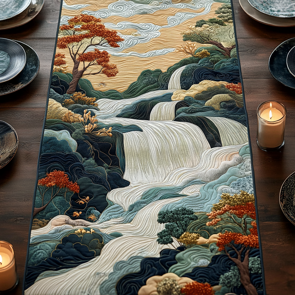 Woodblock Japanese Waterfall Charm Quilted Table Runner Dining Table Ideas Great Family Gifts