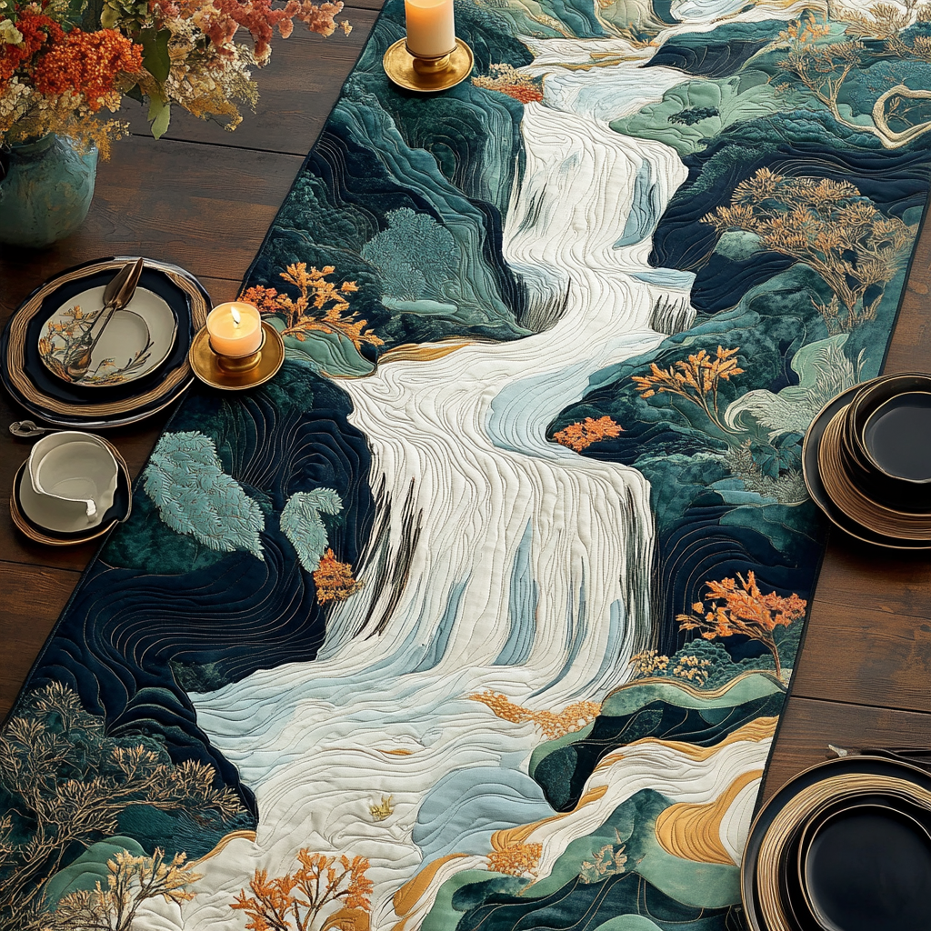 Woodblock Japanese Waterfall Quilted Table Runner Dining Table Decor Presents For Mother In Law