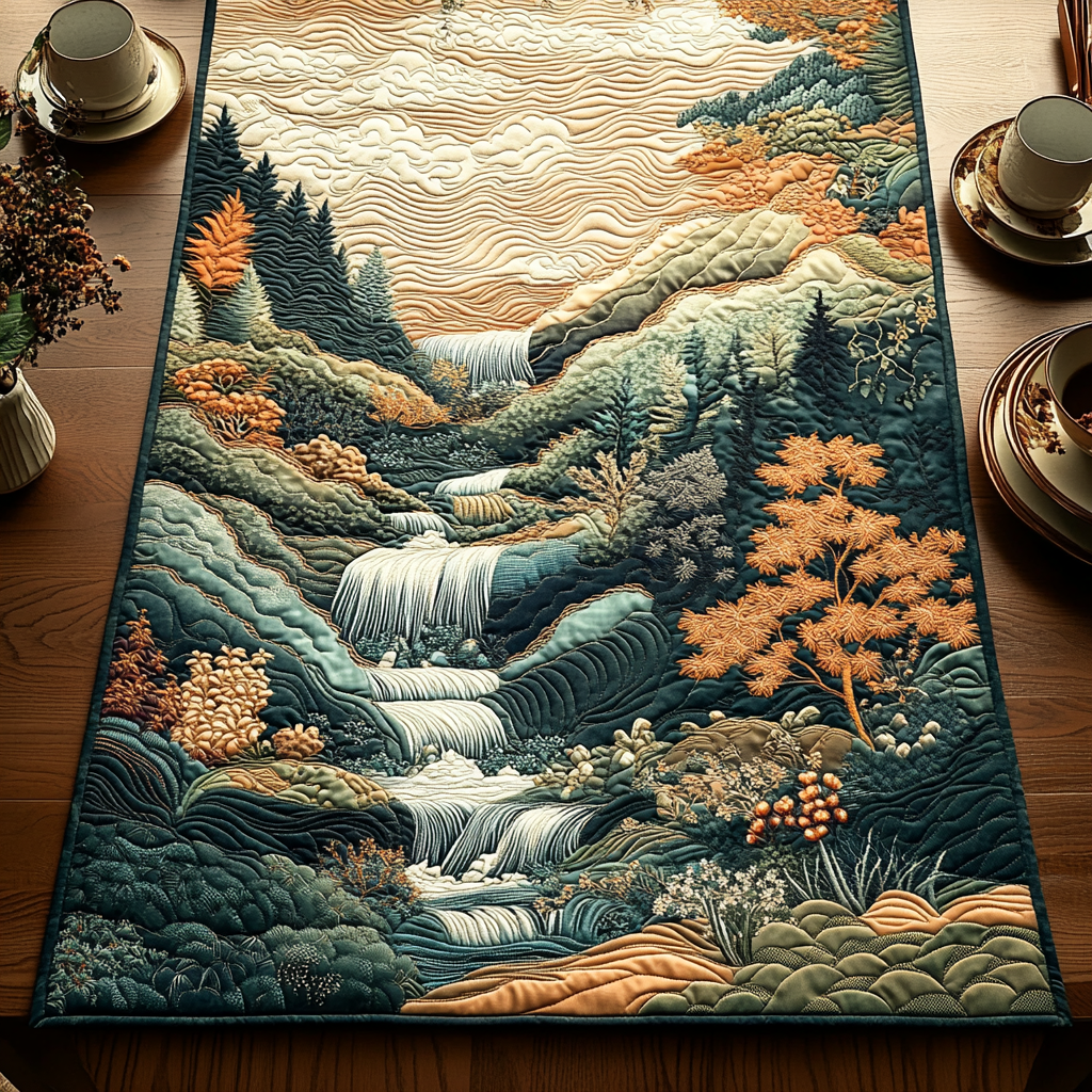 Woodblock Japanese Waterfall Serenade Quilted Table Runner Dining Decor Christmas Gifts For Mom