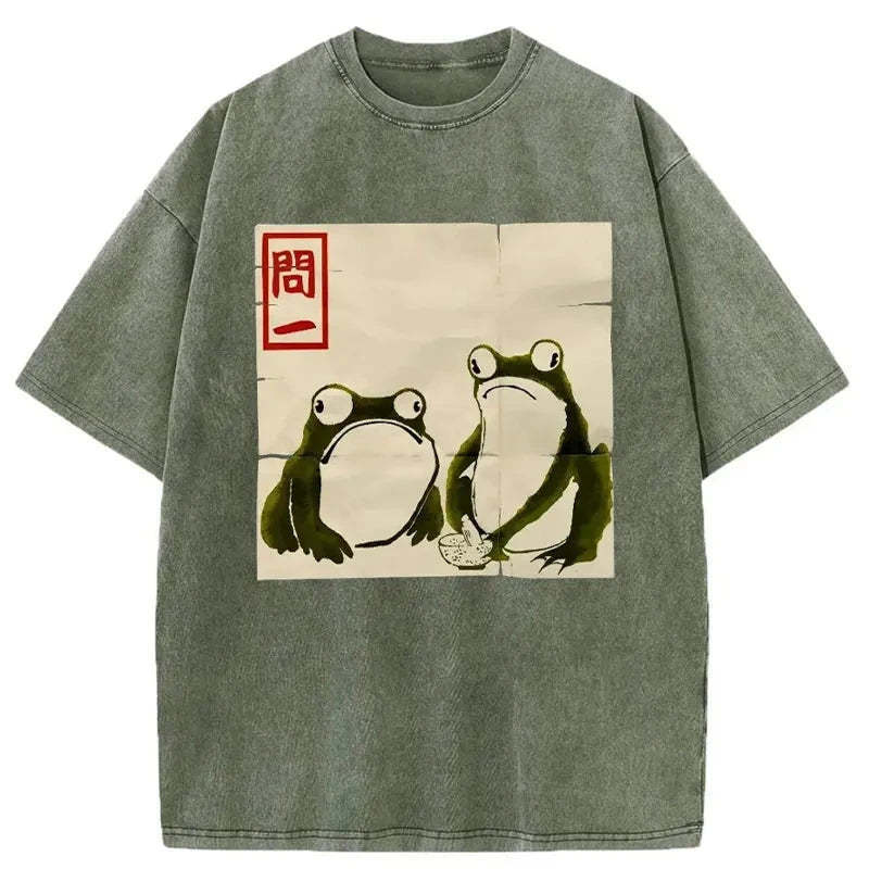 Woodblock Print Grumpy Frog Japan Washed T-Shirt Trendy Everyday Casual Outfit Gifts For Friends