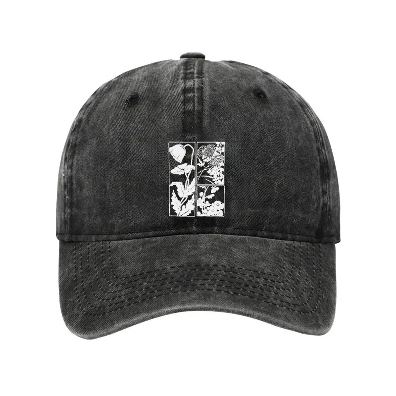 Woodcut Flowers Washed Hat Morden Streetwear Hat Presents For Teens