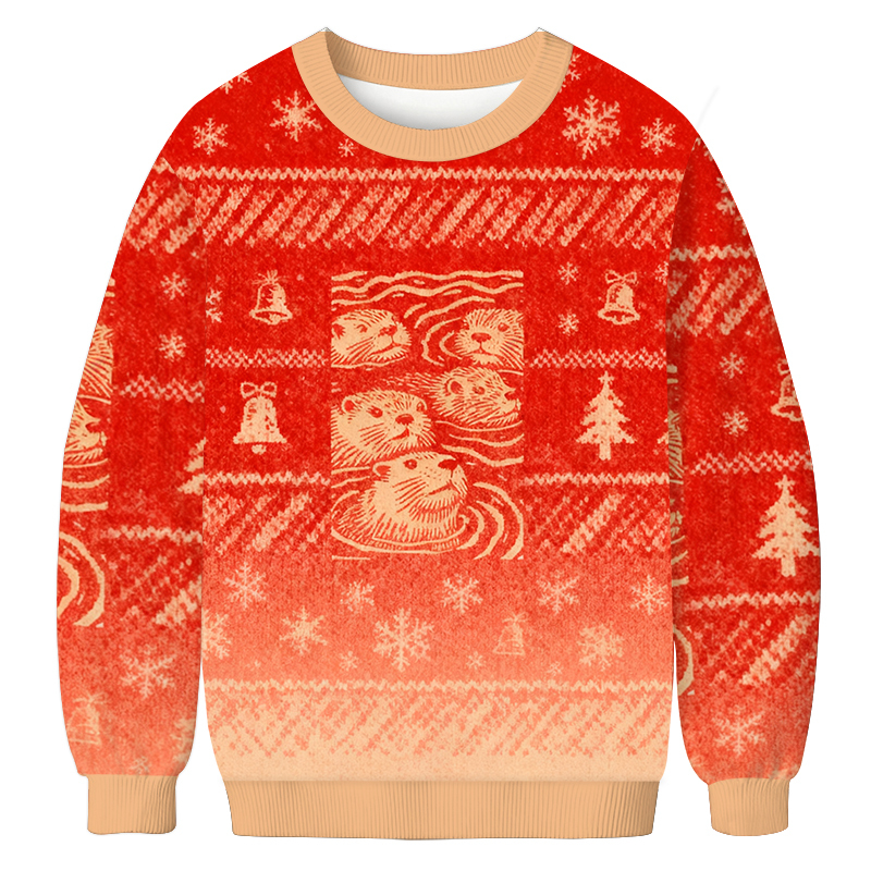 Woodcut Otter Christmas Ugly Sweatshirt Funny Christmas Holiday Sweater Gift Ideas