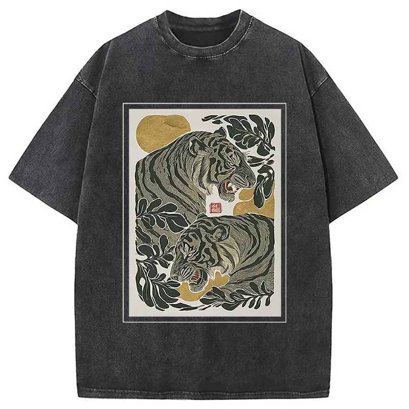 Woodcut Tiger Washed T-Shirt Casual Oversized Outfit Style Gifts For BFF Woodcut Tiger Washed T-Shirt Casual Oversized Outfit Style Gifts For BFF