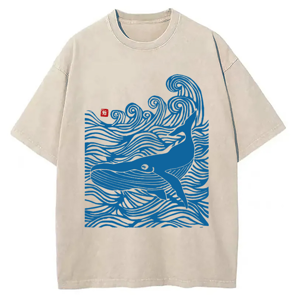Woodcut Whale Washed T-Shirt Cool Urban Street Style Shirt Gifts For BFF