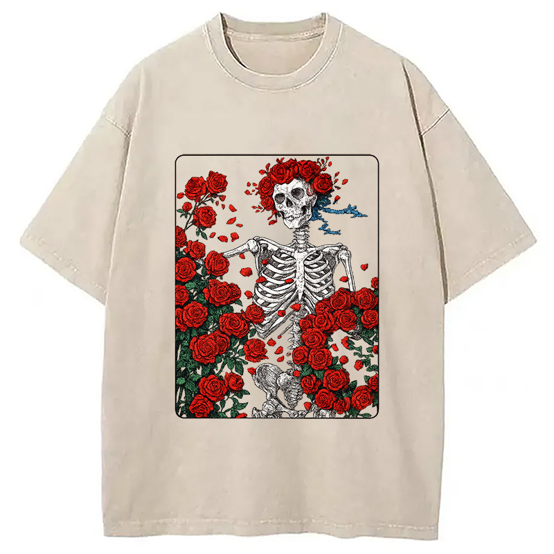 Woodcut Wheel & Roses Washed T-Shirt Minimal Retro Graphic Clothing Gifts For Friends