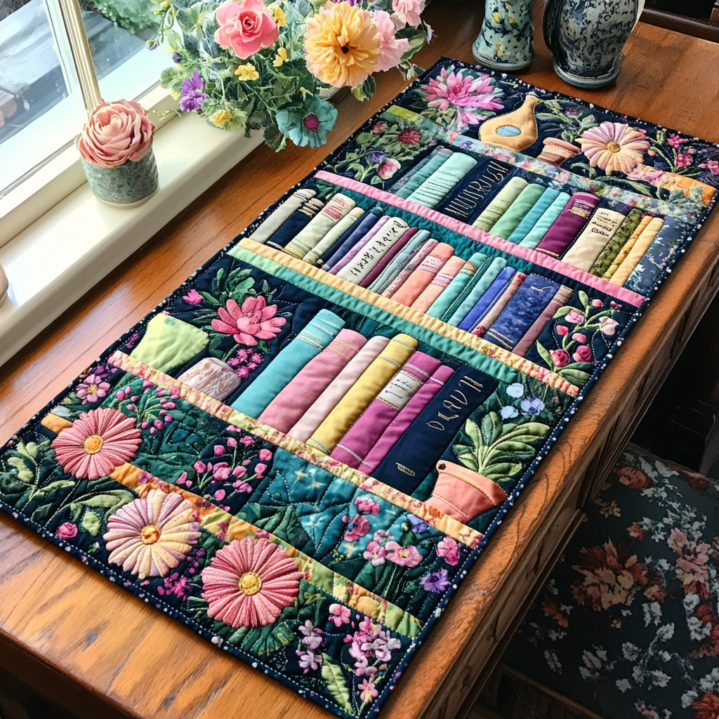 Wooden Bookshelf Quilted Table Runner Dinner Table Decor Cool Gifts For Readers